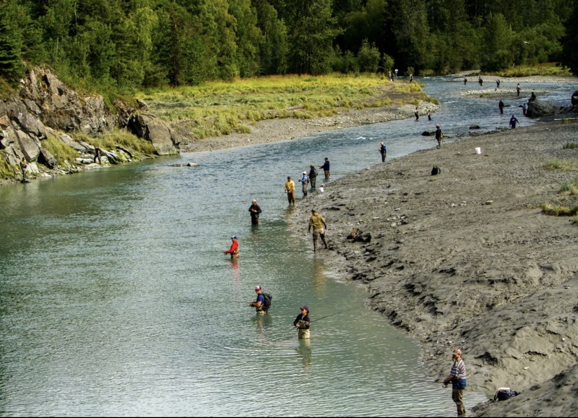 People fishing from a riverbank